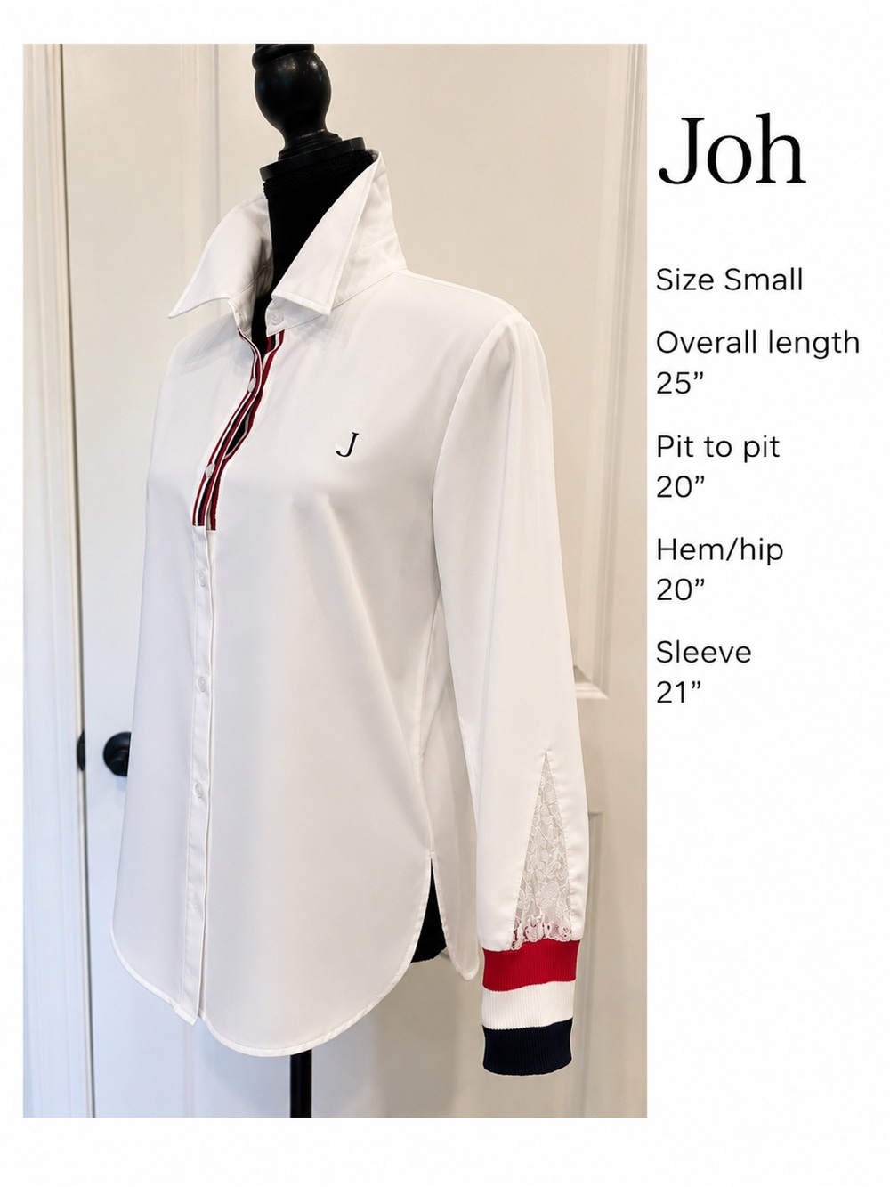 Joh White Button-Up Shirt with Lace & Striped Cuffs | Size Small